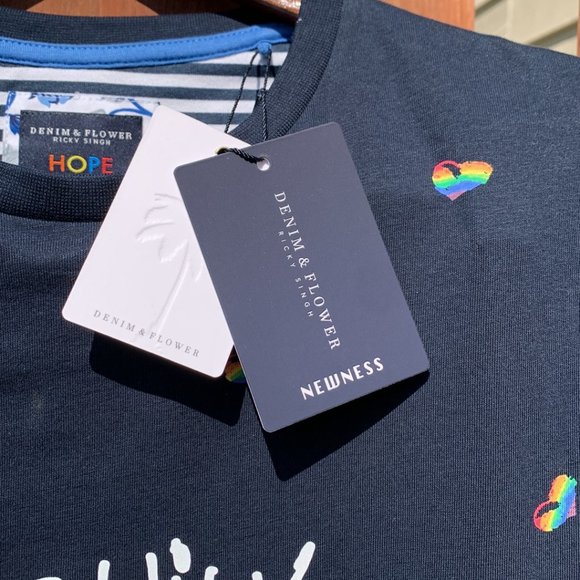 NWT Denim & Flower Ricky Singh Hope T Shirt Gay Pride Rainbows Hearts Size M NWT - Picture 4 of 13